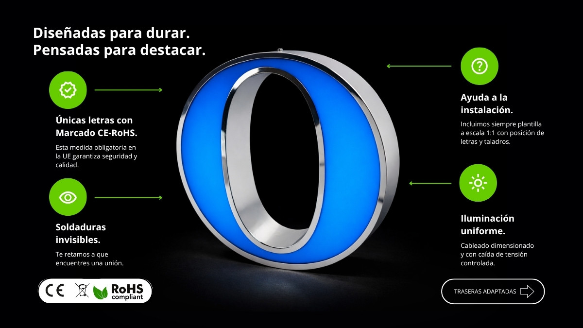 Letras corpóreas de acero luz frontal